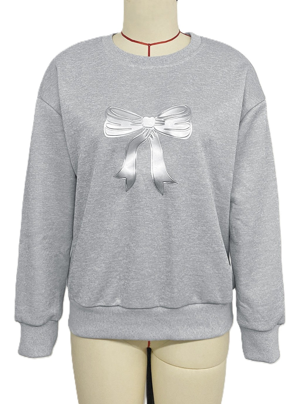 Satin Bow Print Oversized Sweatshirt - Grey - 1