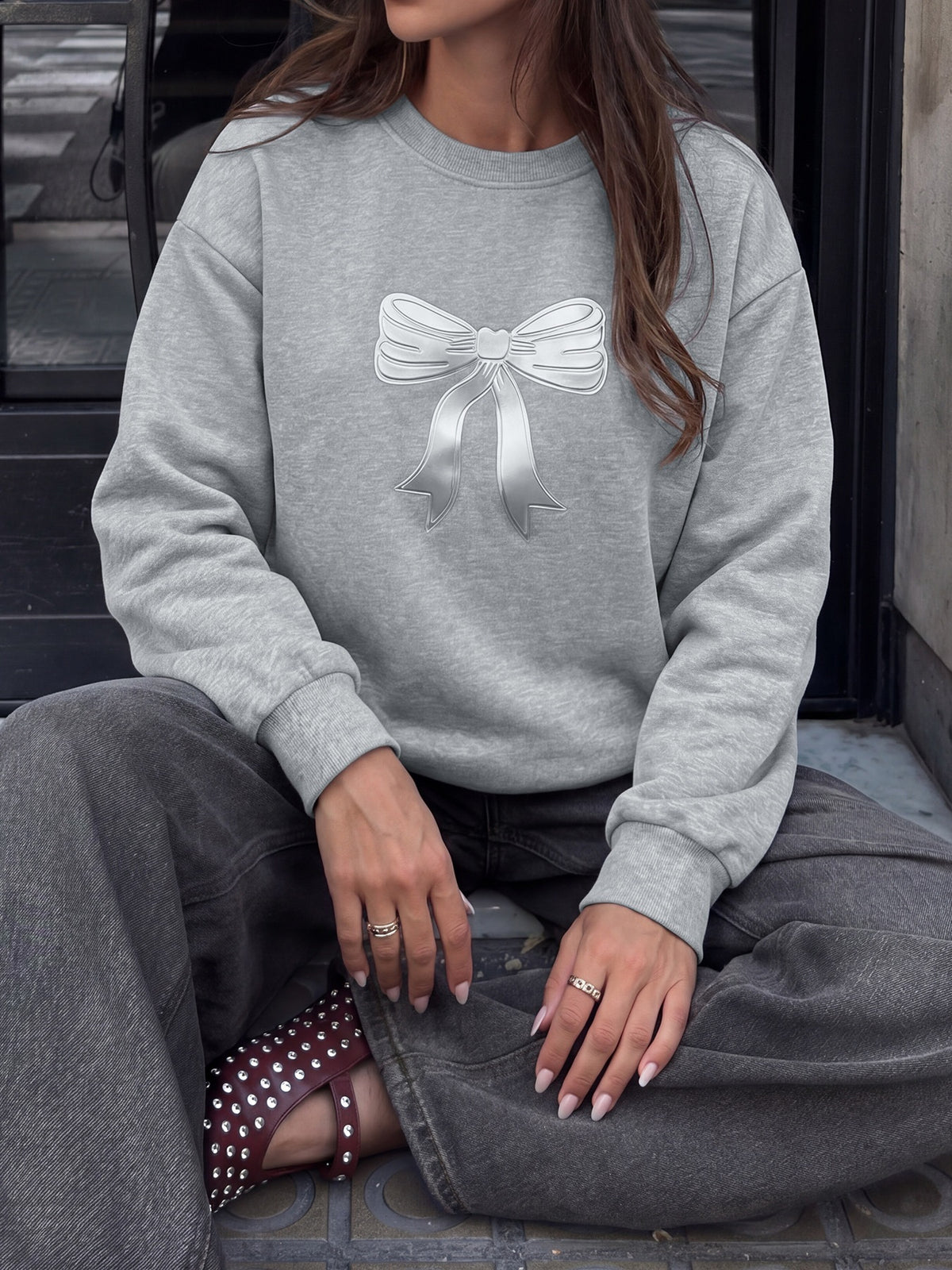 Satin Bow Print Oversized Sweatshirt - Grey - 4