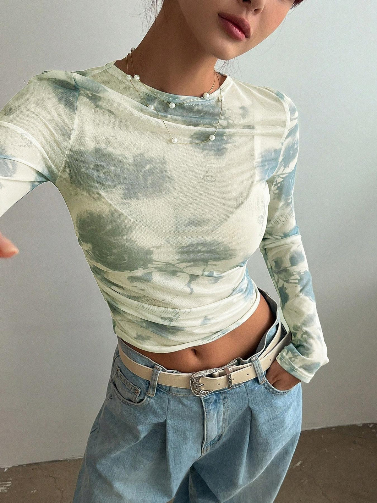 Faded Rose Sheer Mesh Long Sleeve Crop Top - Floral - 2