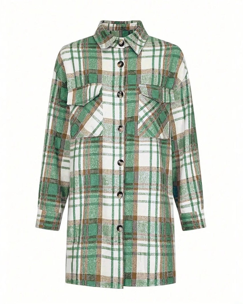 Longline Plaid Shacket With Flap Pockets - Green - 1