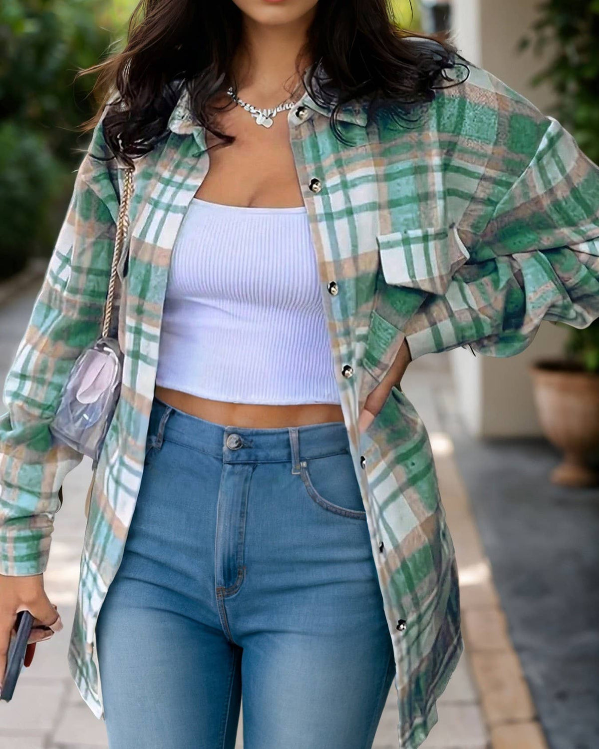 Longline Plaid Shacket With Flap Pockets