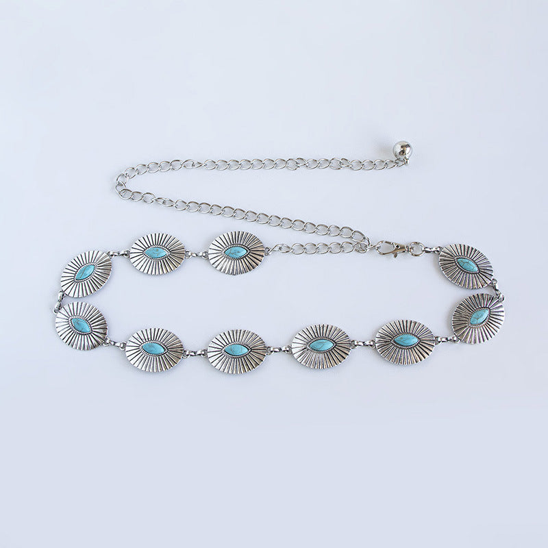 Marquise Stone Oval Concho Belt Chain - Silvery