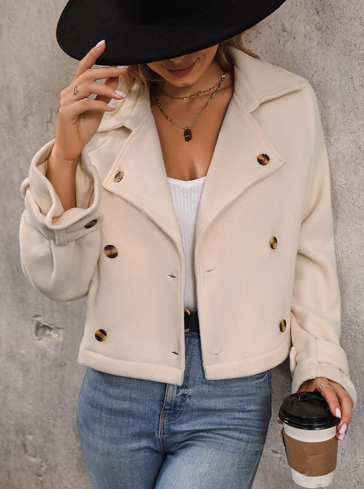 Double Breasted Cropped Fleece Jacket - Apricot - 2