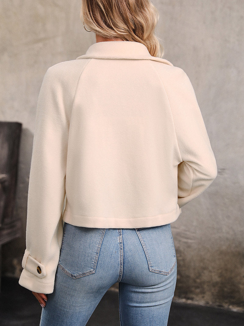 Double Breasted Cropped Fleece Jacket - Apricot - 4