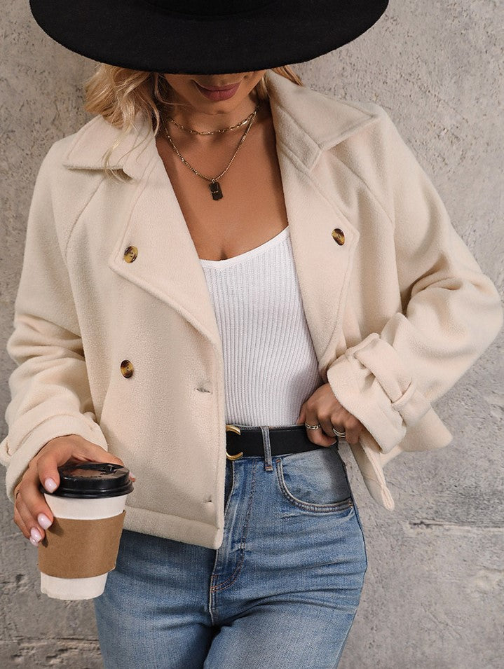 Double Breasted Cropped Fleece Jacket - Apricot - 5