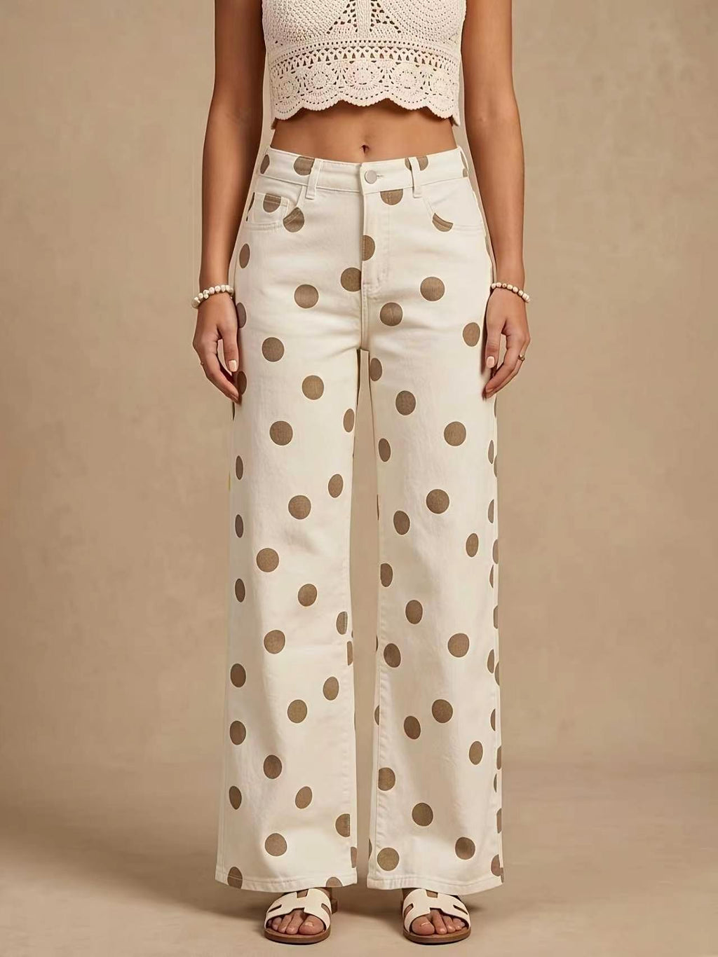 Tonal Polka Dot Wide Leg Jeans - Beige