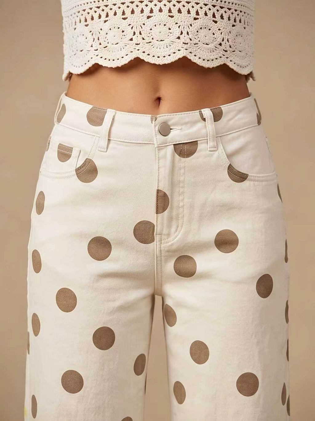 Tonal Polka Dot Wide Leg Jeans - Beige - 1
