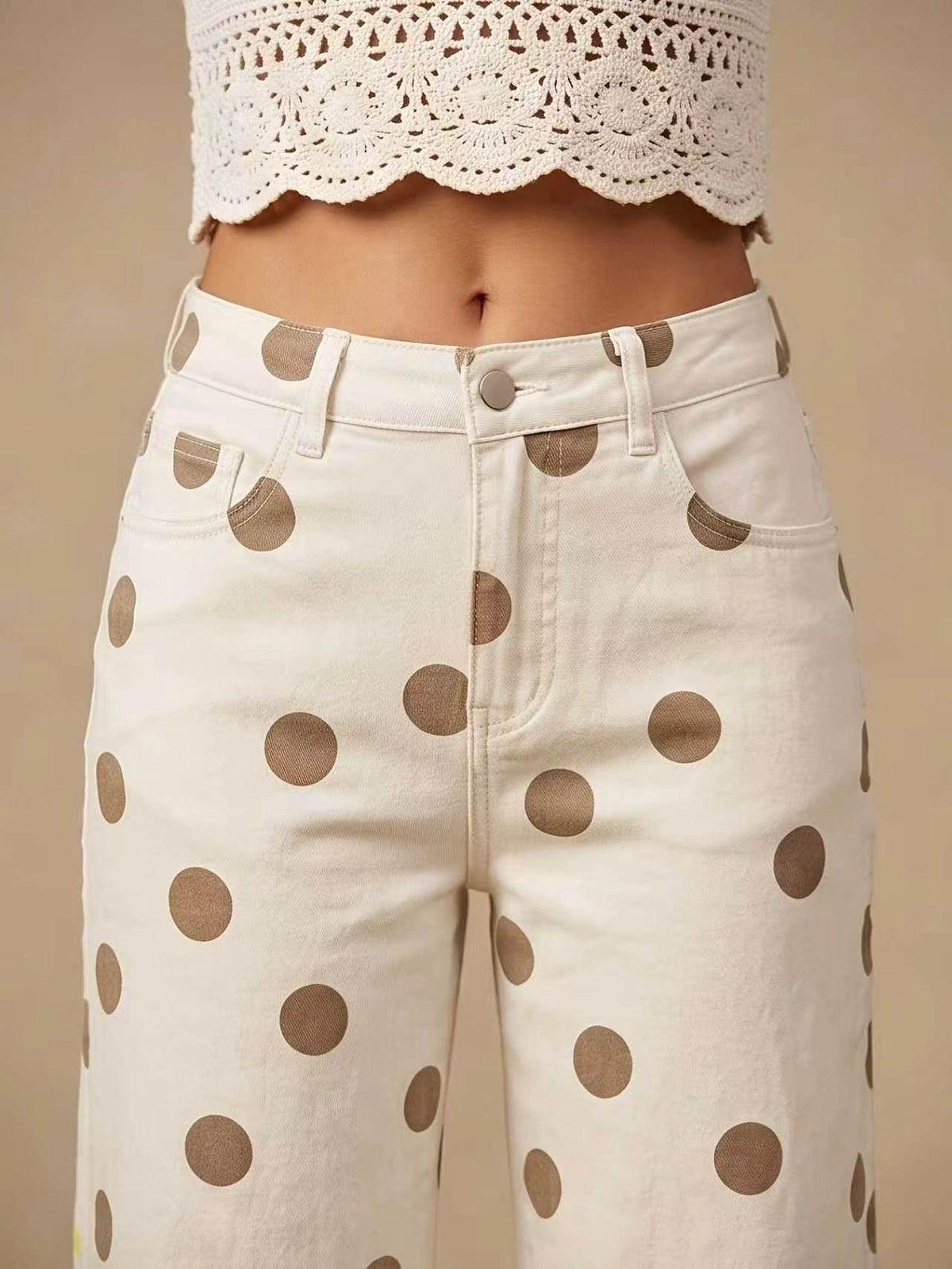 Tonal Polka Dot Wide Leg Jeans - Beige - 1