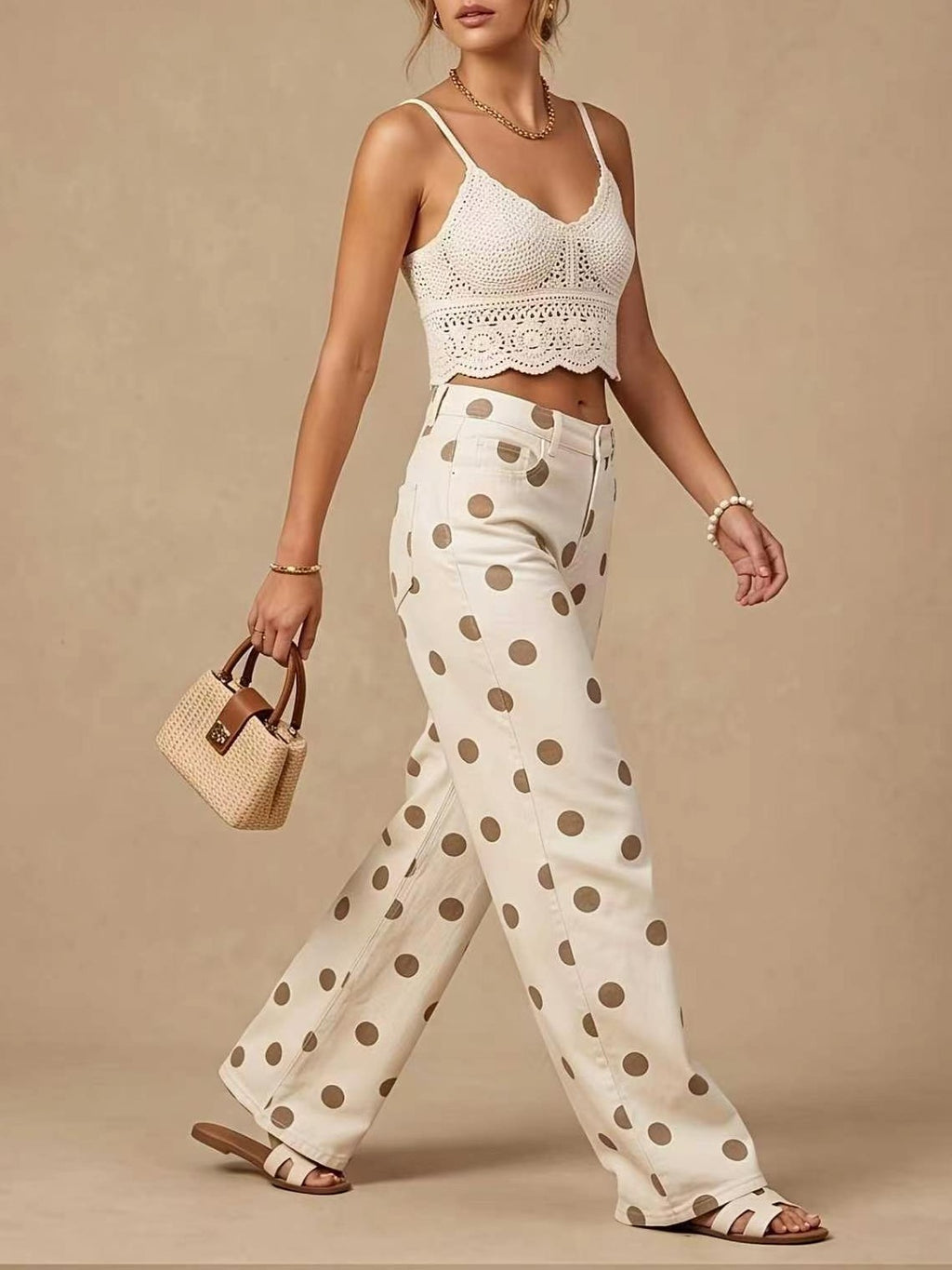 Tonal Polka Dot Wide Leg Jeans - Beige - 2