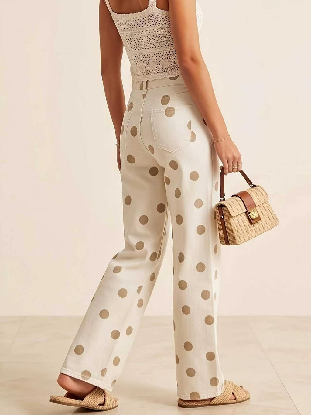 Tonal Polka Dot Wide Leg Jeans - Beige - 4