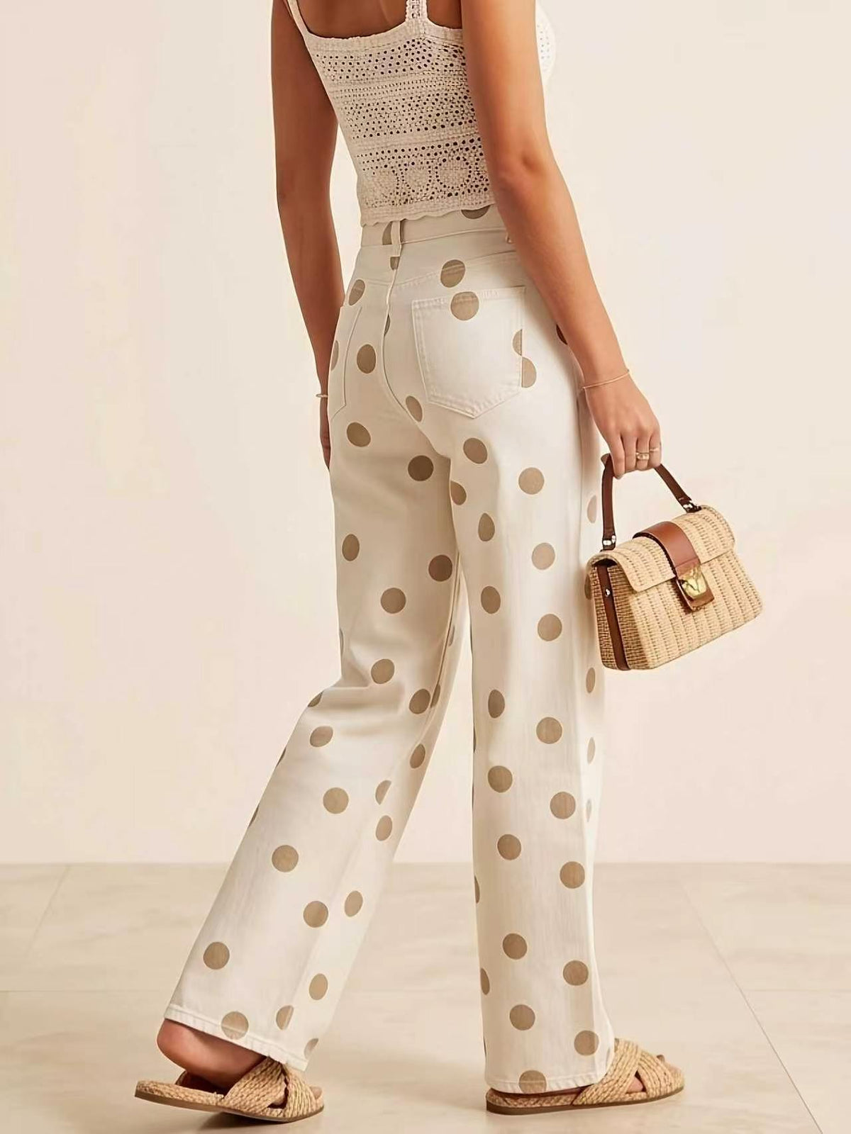 Tonal Polka Dot Wide Leg Jeans - Beige - 4