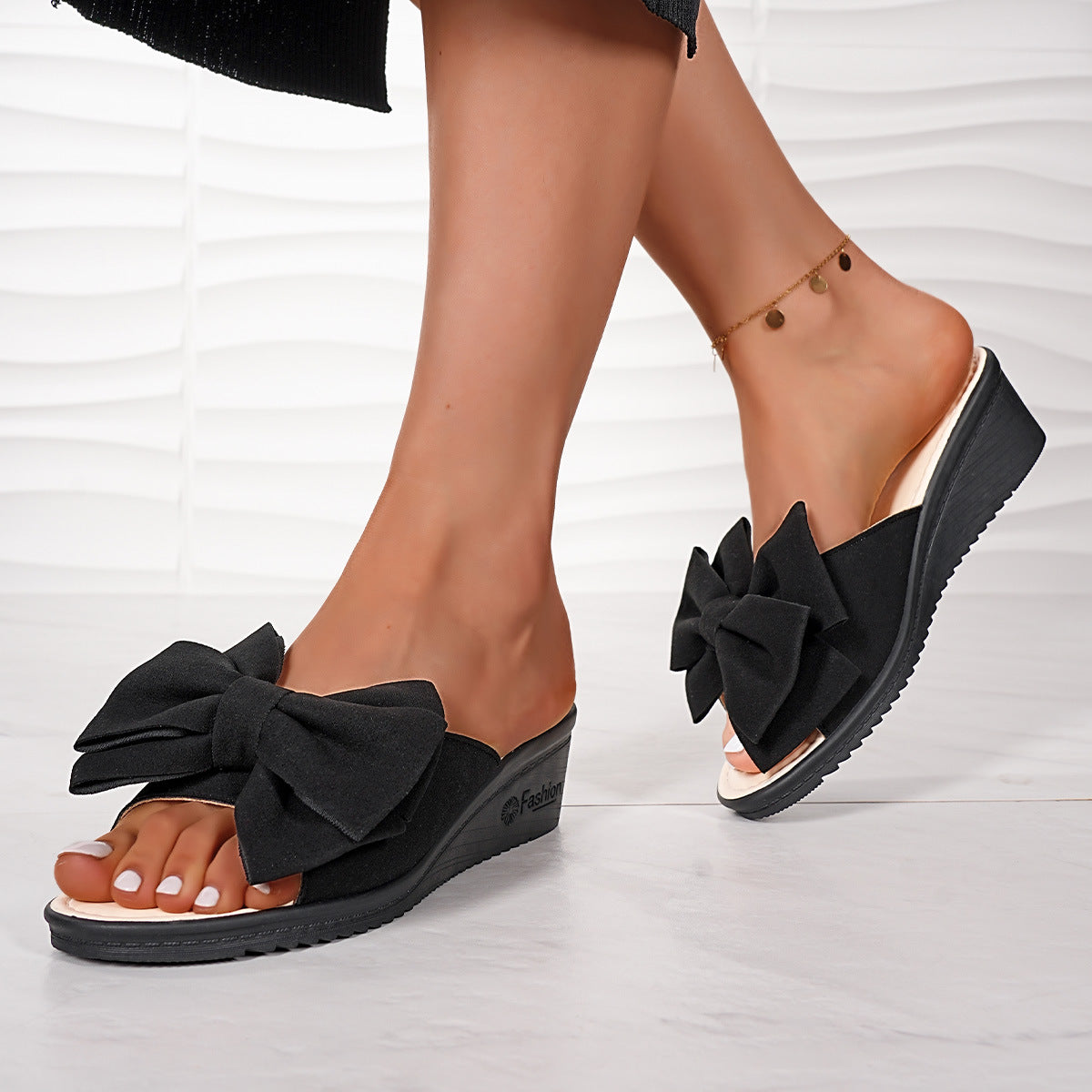 Bow Front Wedge Slide Slippers - black - 1