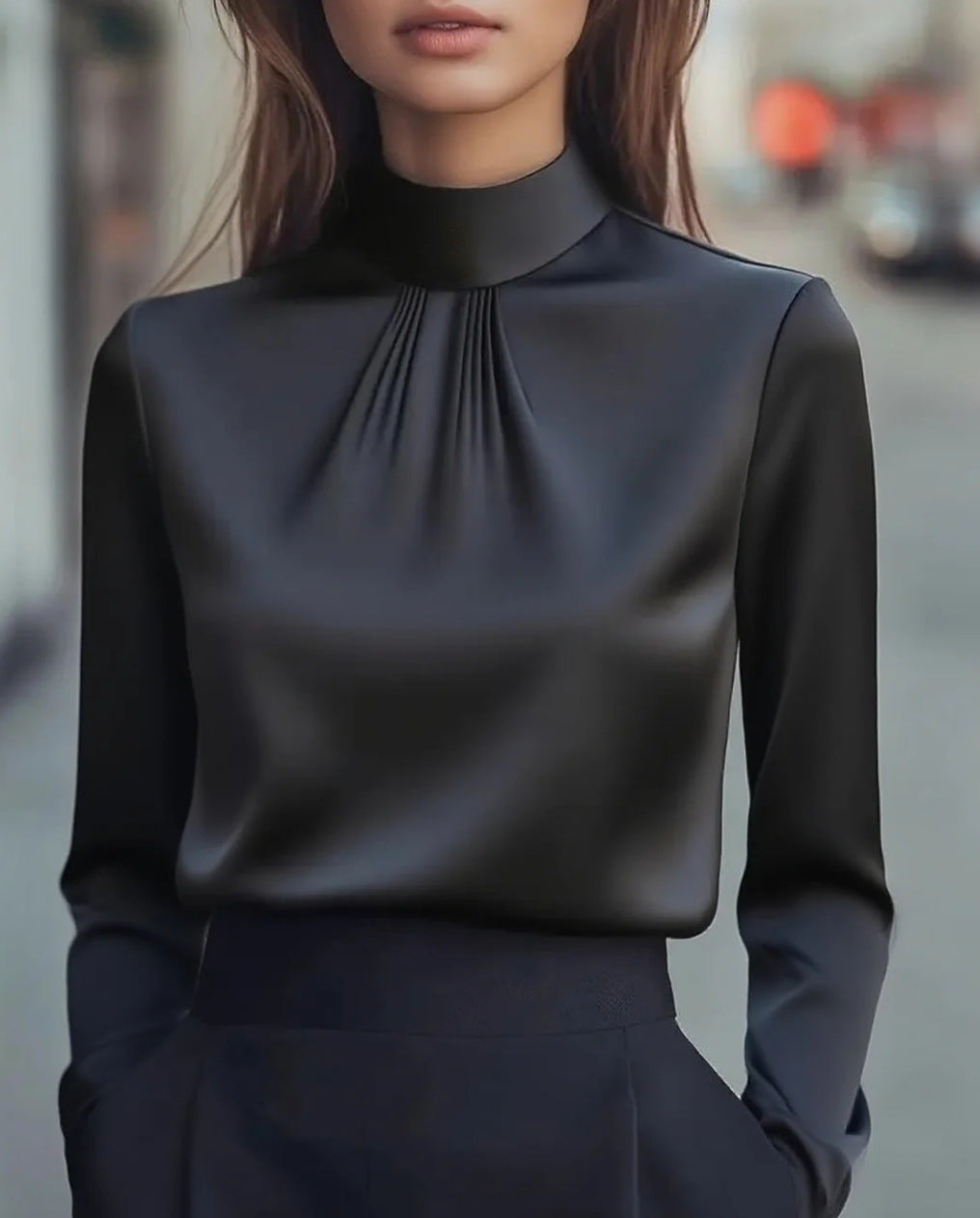 Satin Mock Neck Pleated Long Sleeve Shirt - Black