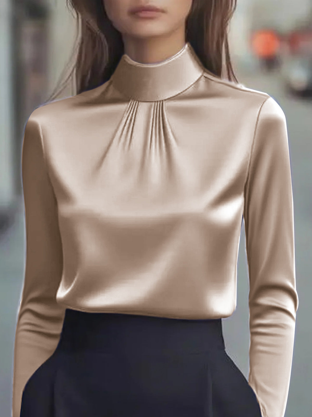 Satin Mock Neck Pleated Long Sleeve Shirt - Khaki