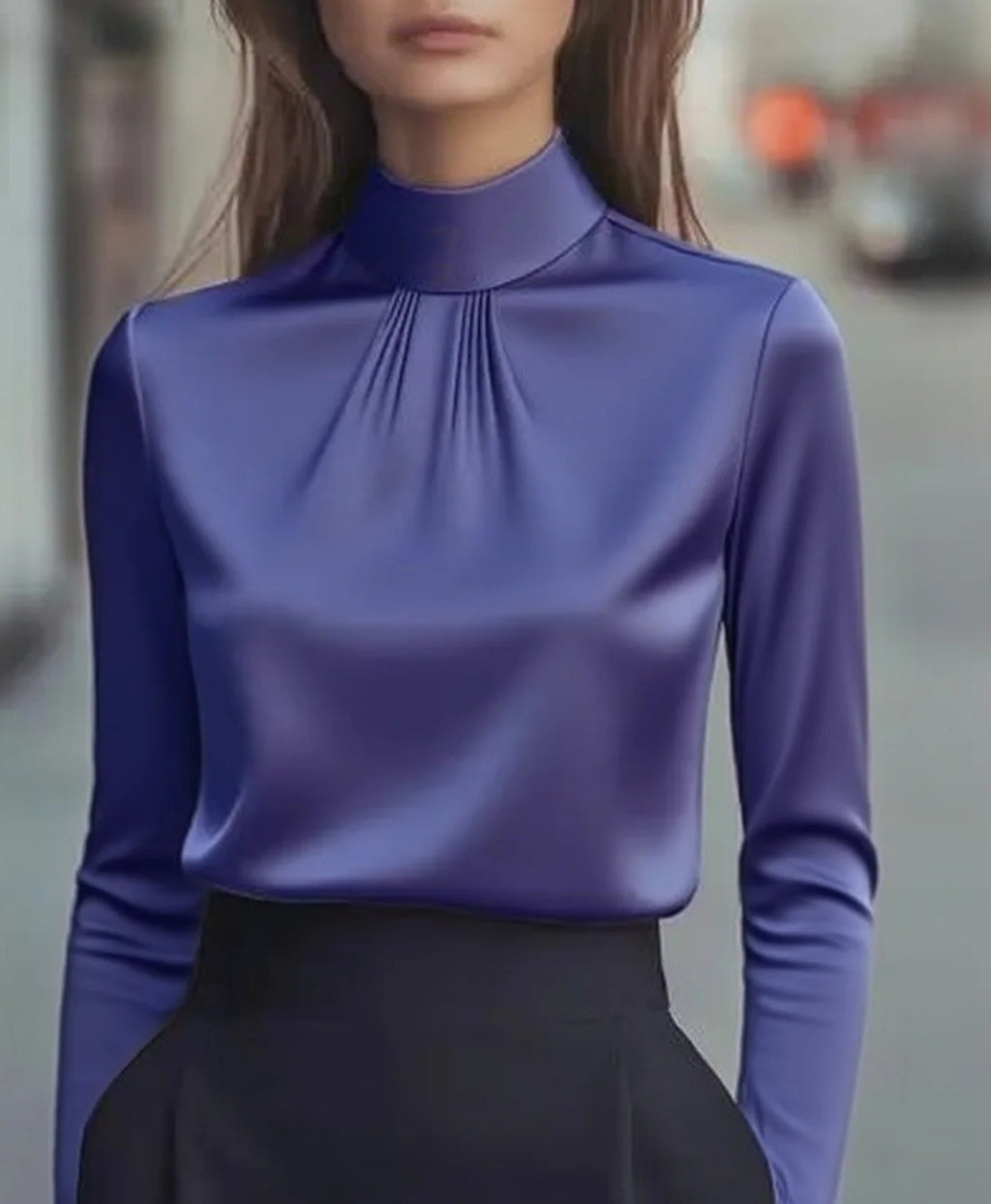 Satin Mock Neck Pleated Long Sleeve Shirt - Purple