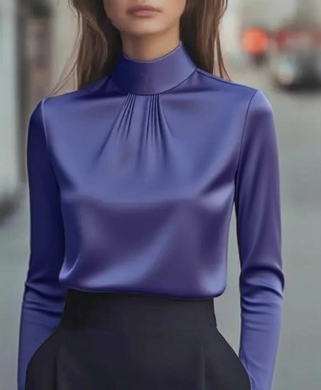 Satin Mock Neck Pleated Long Sleeve Shirt - Purple