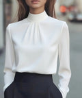 Satin Mock Neck Pleated Long Sleeve Shirt - White