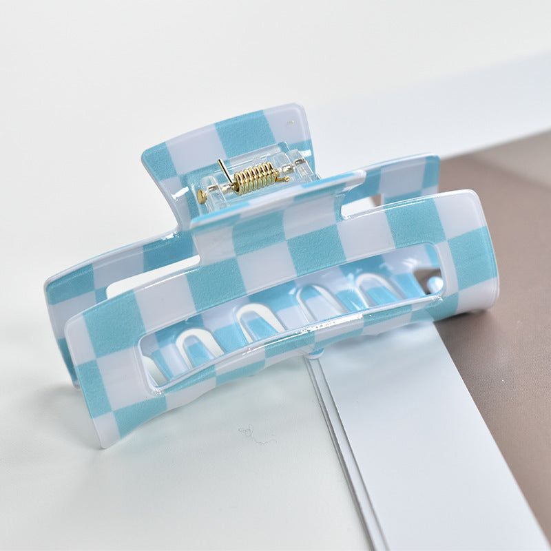 Two Tone Check Rectangular Hair Claw - Blue