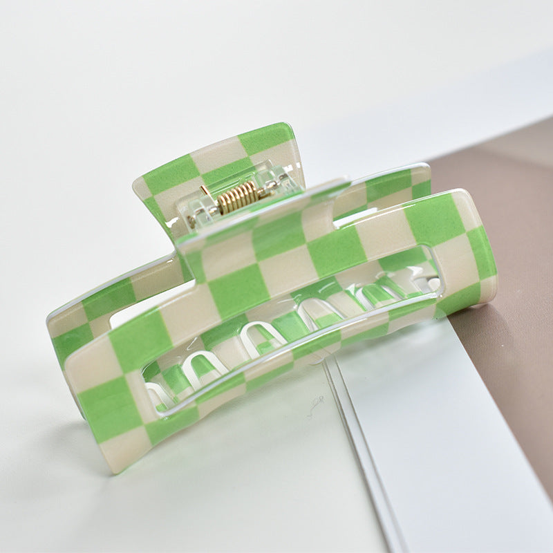 Two Tone Check Rectangular Hair Claw - Green