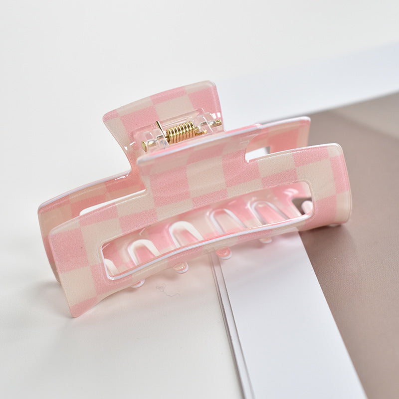 Two Tone Check Rectangular Hair Claw - Pink