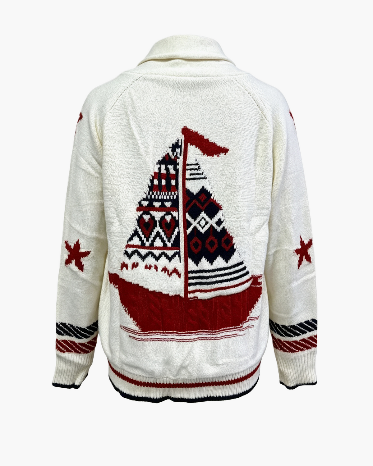Nautical Sailboat Graphic Shawl Collar Cardigan - Ivory - 1