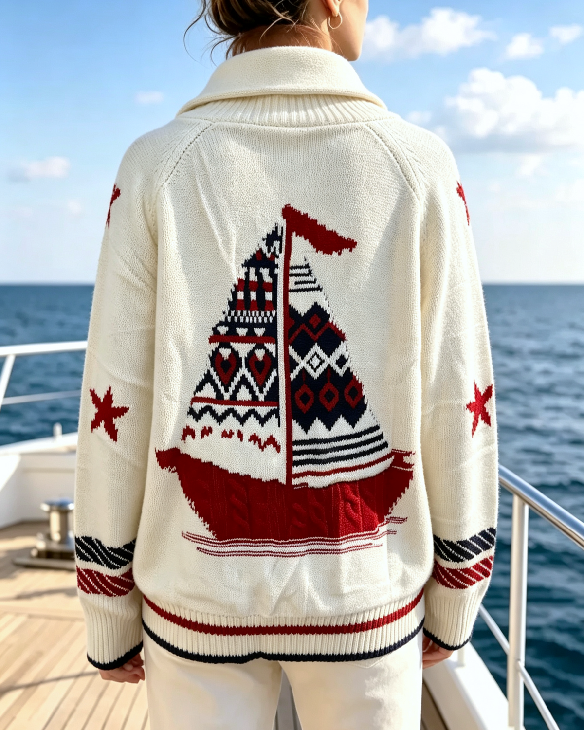 Nautical Sailboat Graphic Shawl Collar Cardigan - Ivory - 3