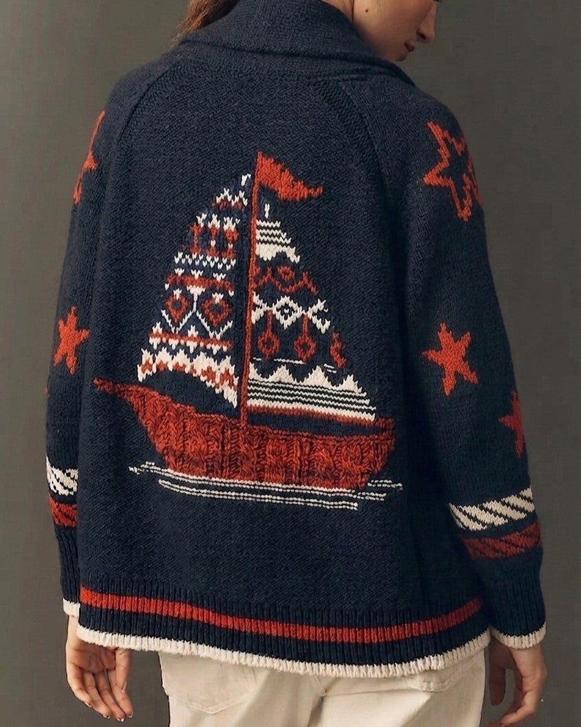 Nautical Sailboat Graphic Shawl Collar Cardigan - Navy