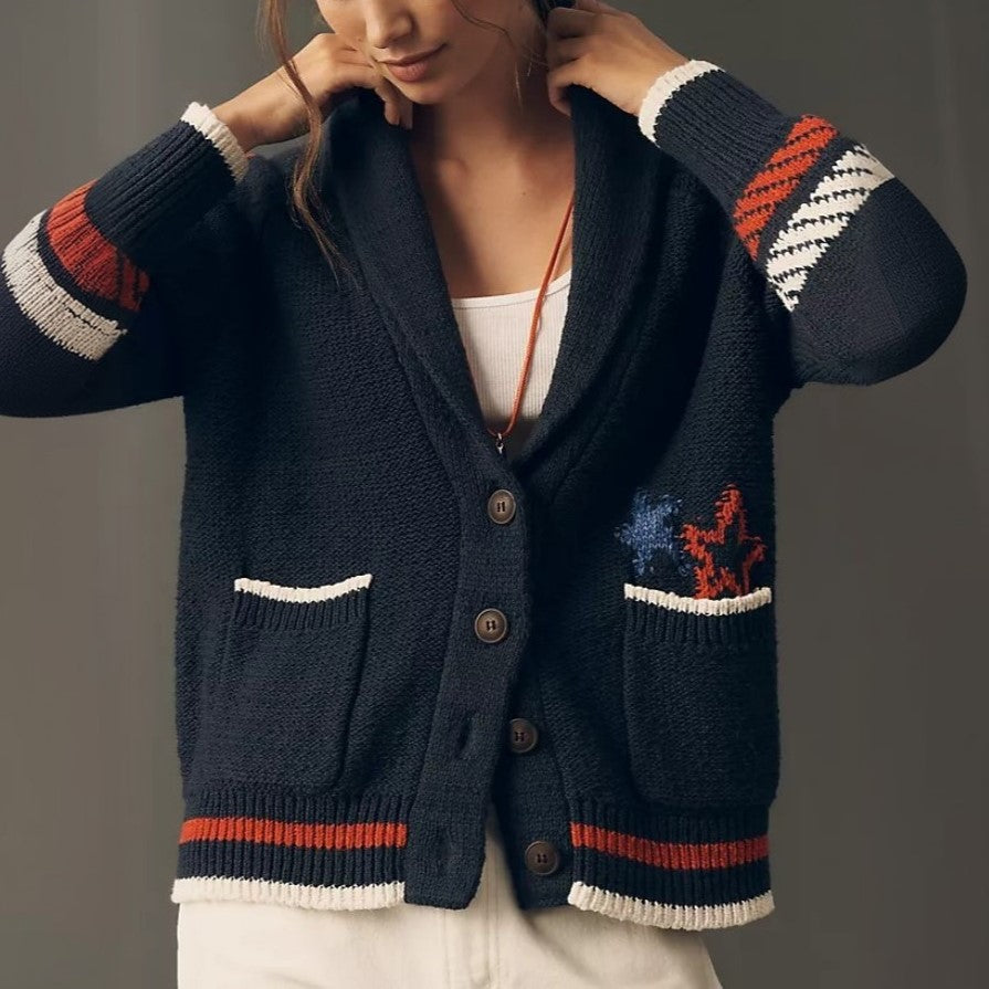 Nautical Sailboat Graphic Shawl Collar Cardigan - Navy - 1