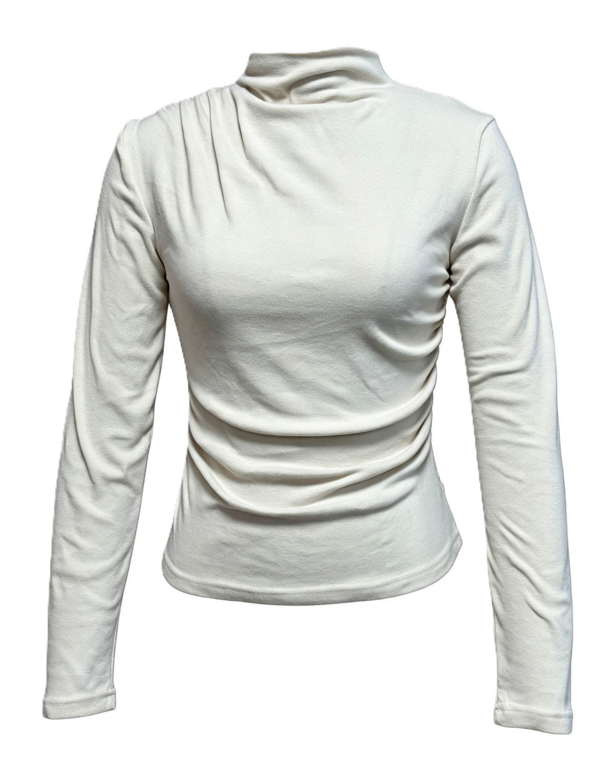Asymmetric Ruched Mock Neck Blouse with Long Sleeves - Beige