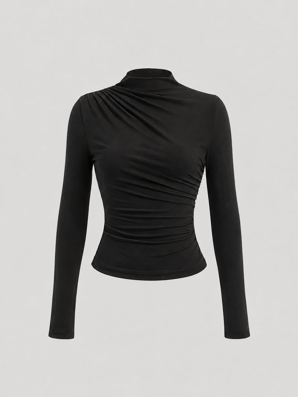 Asymmetric Ruched Mock Neck Blouse with Long Sleeves - Black