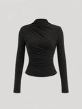 Asymmetric Ruched Mock Neck Blouse with Long Sleeves - Black