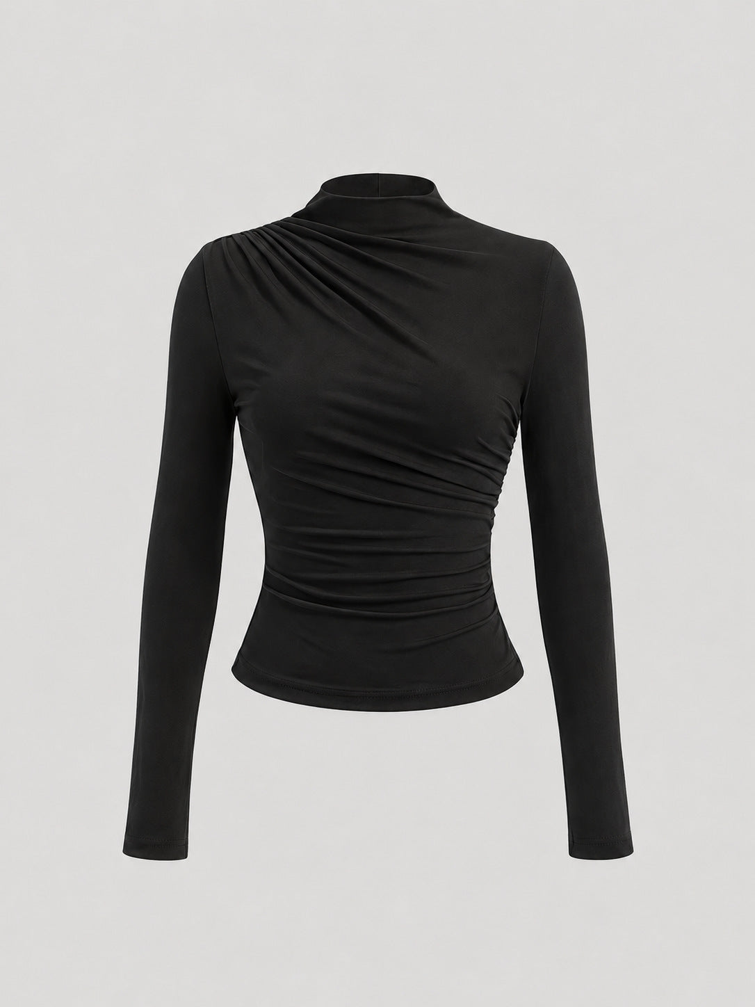 Asymmetric Ruched Mock Neck Blouse with Long Sleeves - Black
