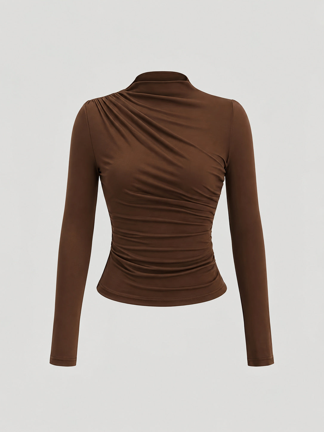 Asymmetric Ruched Mock Neck Blouse with Long Sleeves - Brown