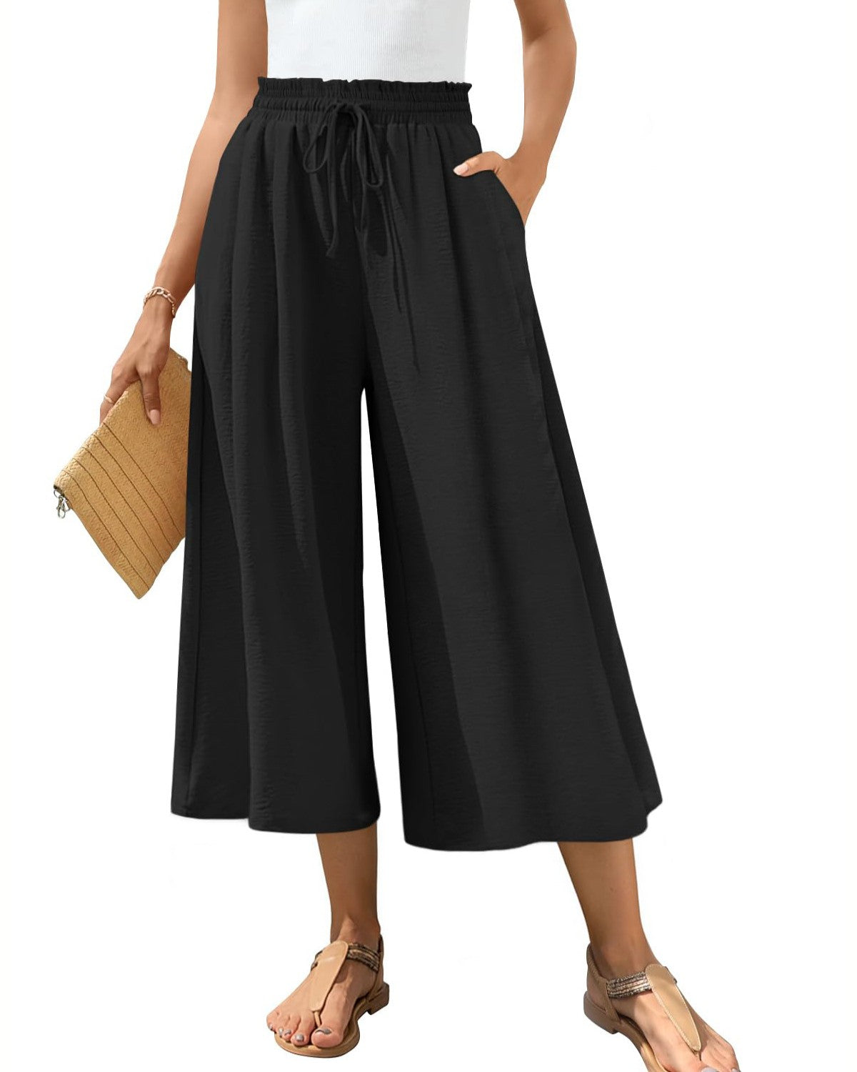 Wide Leg Cropped Culotte Pants With Pockets - Black