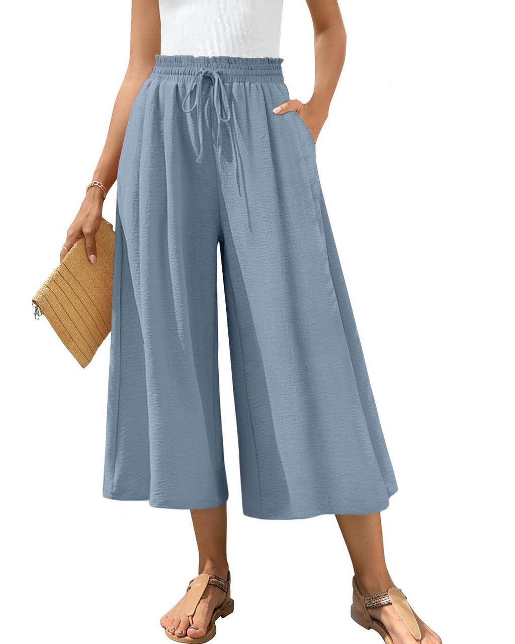 Wide Leg Cropped Culotte Pants With Pockets - Blue