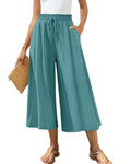 Wide Leg Cropped Culotte Pants With Pockets - Green