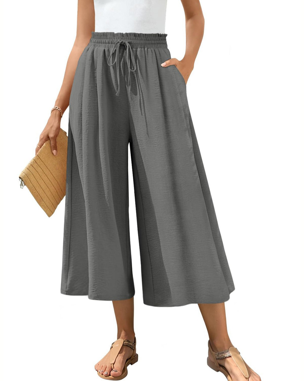 Wide Leg Cropped Culotte Pants With Pockets - Grey