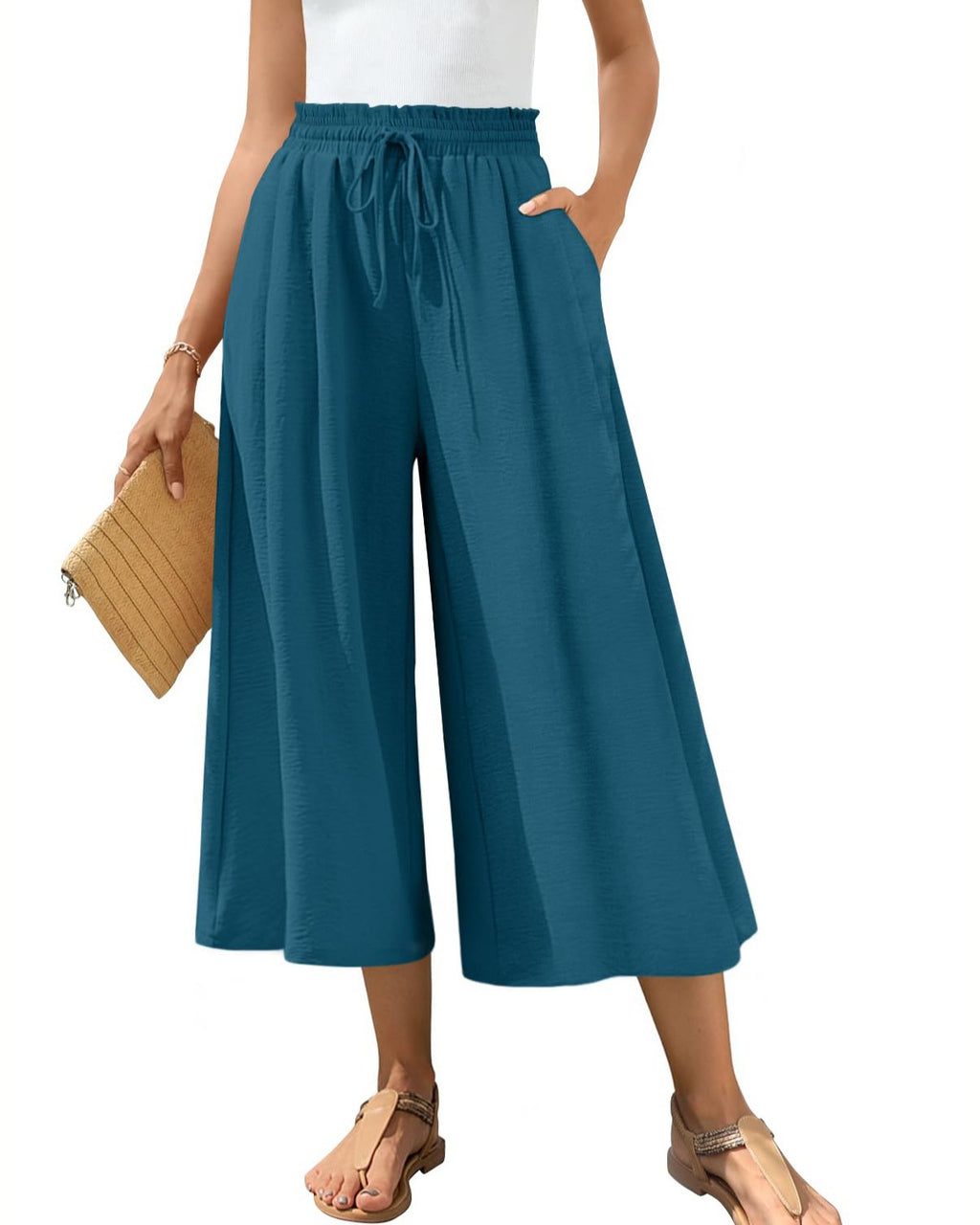 Wide Leg Cropped Culotte Pants With Pockets - Grey-Blue