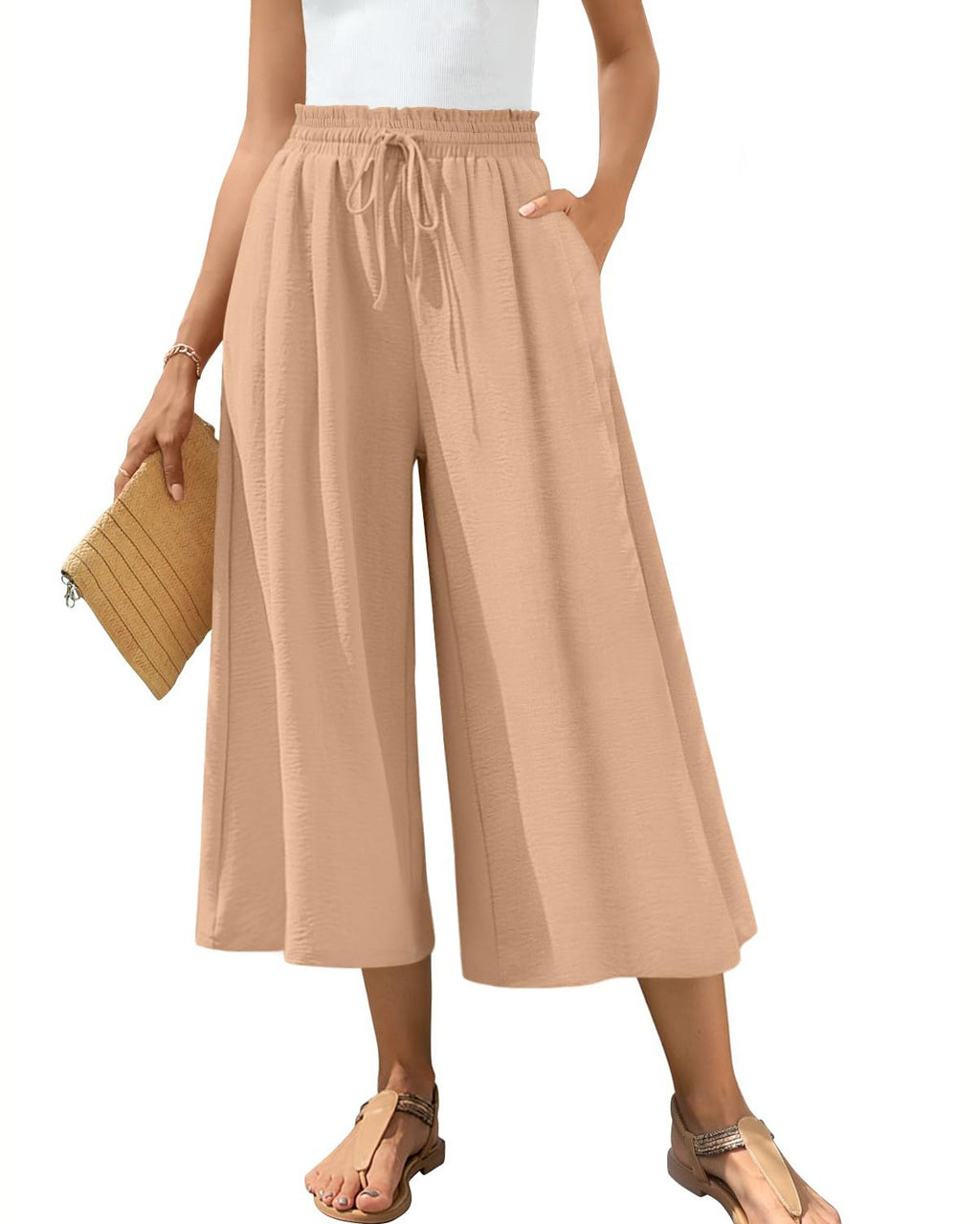 Wide Leg Cropped Culotte Pants With Pockets - Khaki