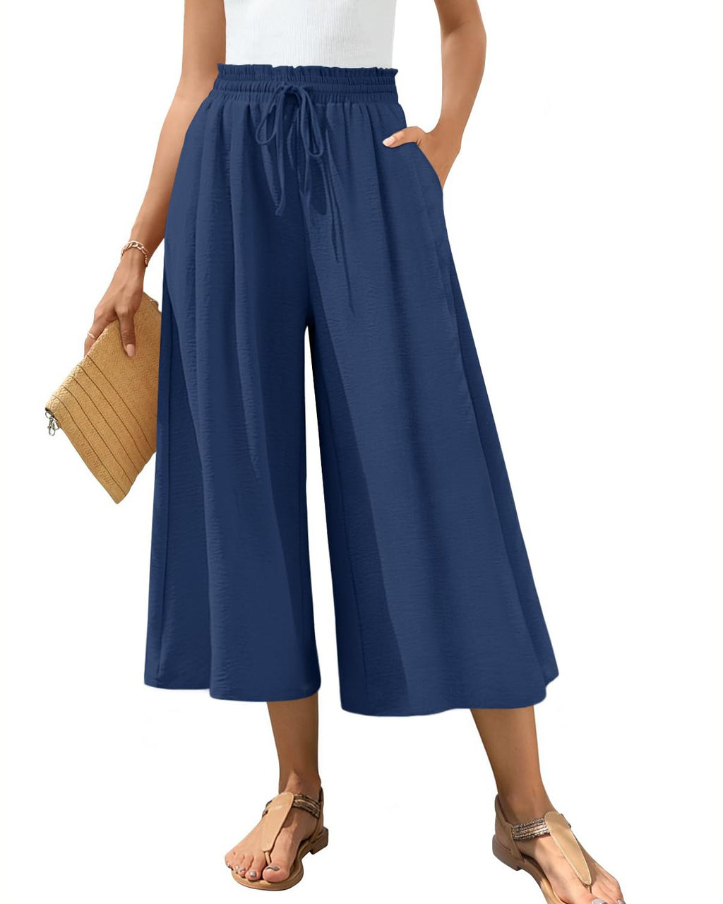 Wide Leg Cropped Culotte Pants With Pockets - Navy-Blue