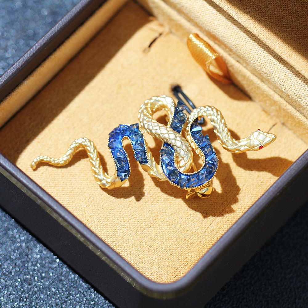 Twin Serpent Crystal Statement Brooch - Blue