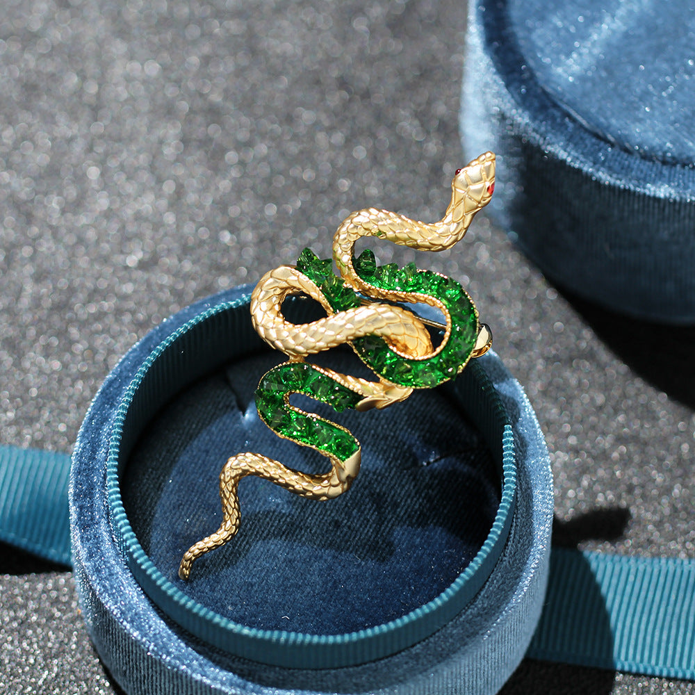Twin Serpent Crystal Statement Brooch - Green