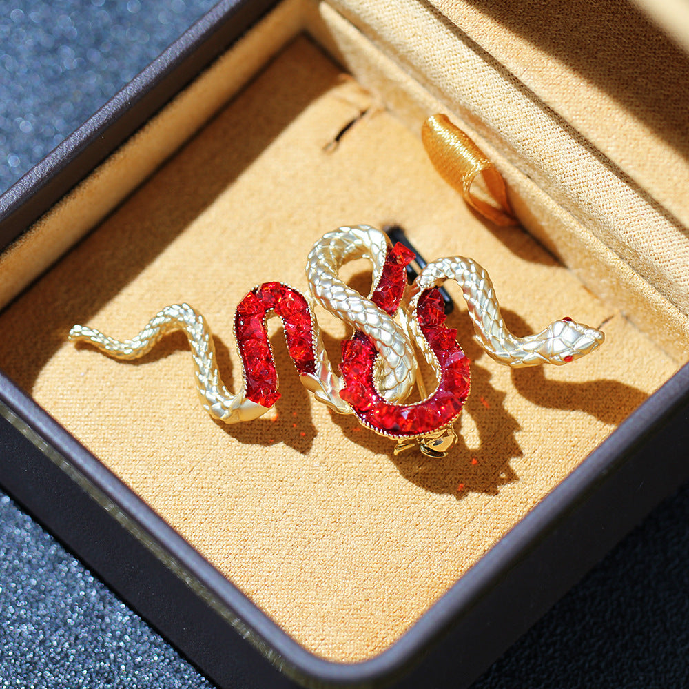 Twin Serpent Crystal Statement Brooch - Red - 1