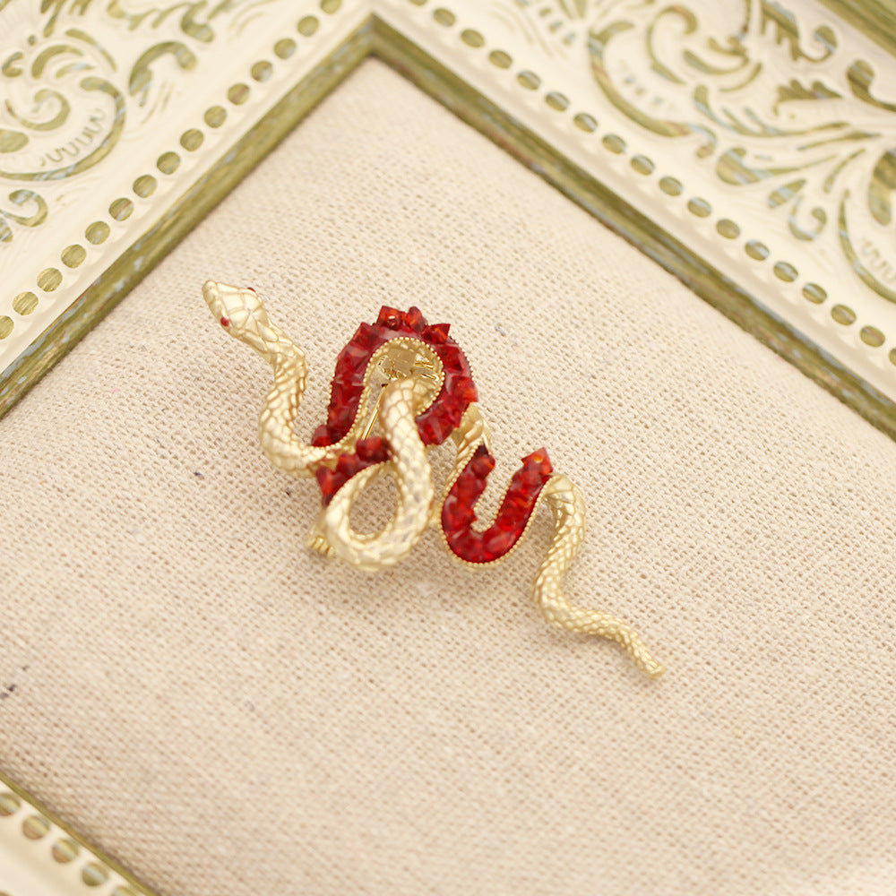 Twin Serpent Crystal Statement Brooch - Red - 2