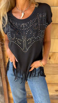 Studded Fringe Hem Western Tee - Black