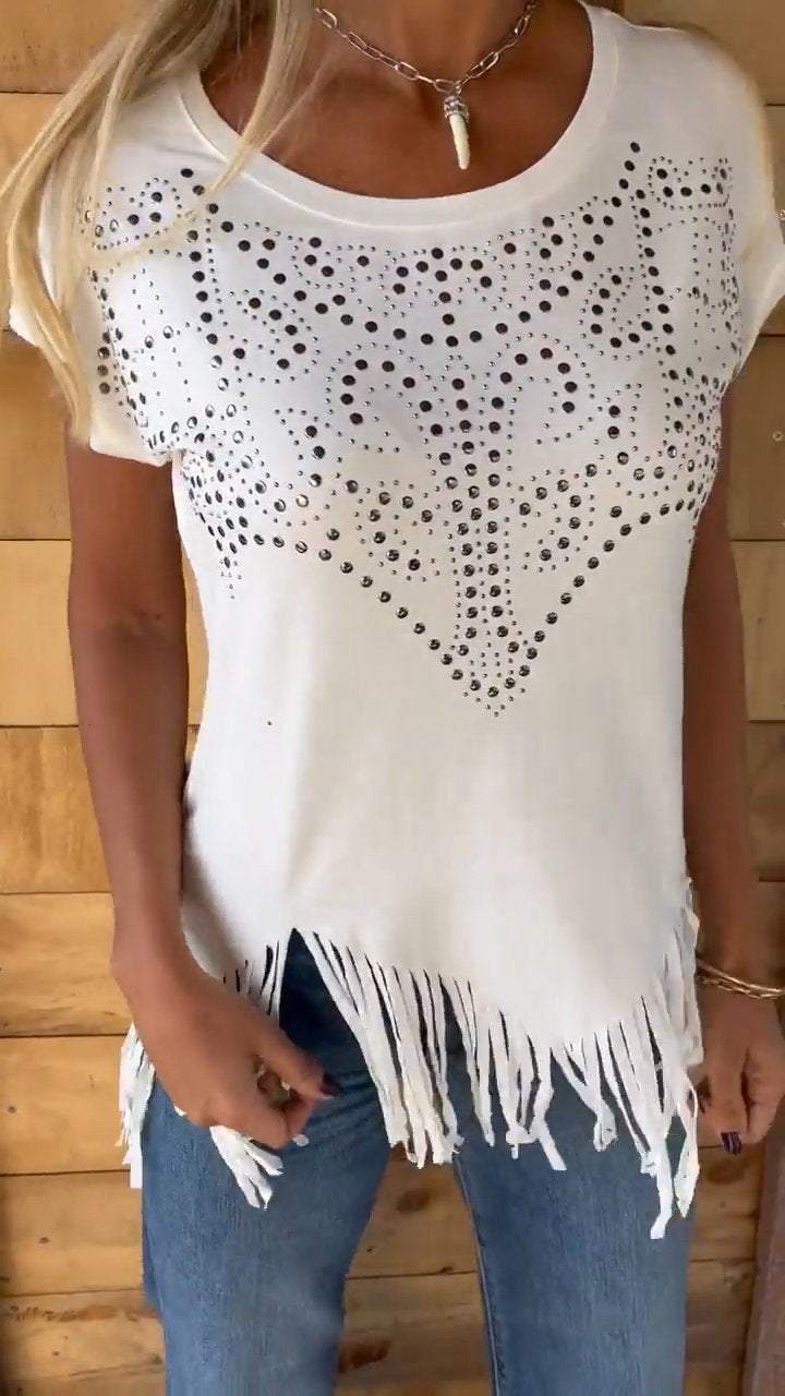 Studded Fringe Hem Western Tee - White - 1