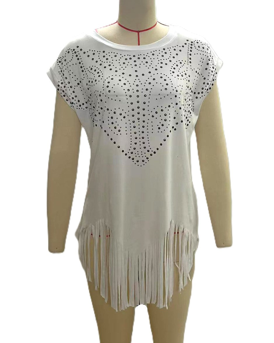 Studded Fringe Hem Western Tee - White - 2