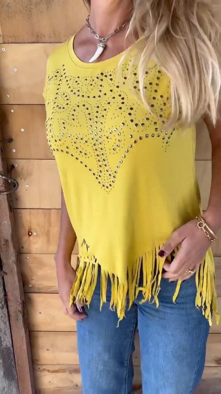 Studded Fringe Hem Western Tee - Yellow
