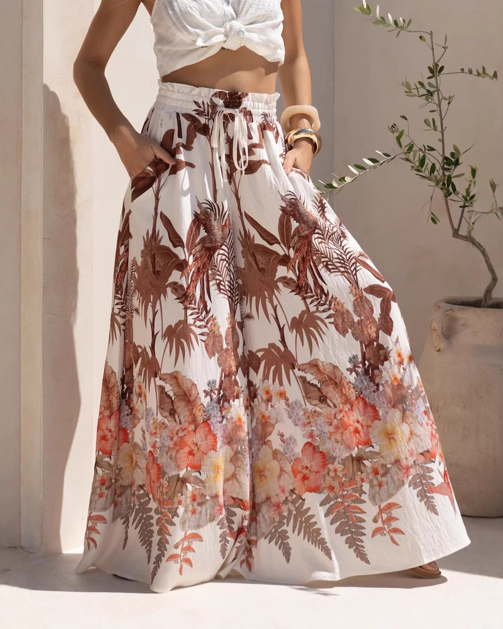 Tropical Floral Wide Leg Palazzo Pants - Decor