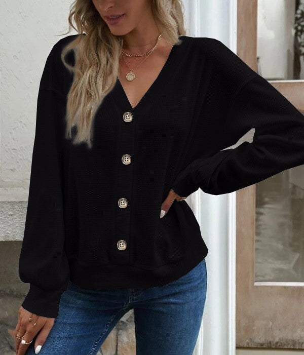 Button Front V Neck Drop Shoulder Knit Top - Black